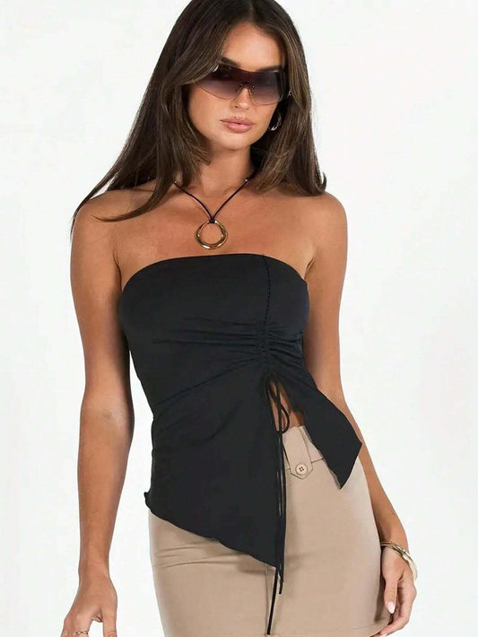 2025 new sexy hot girl drawstring pleated slit slim irregular tube top vest top