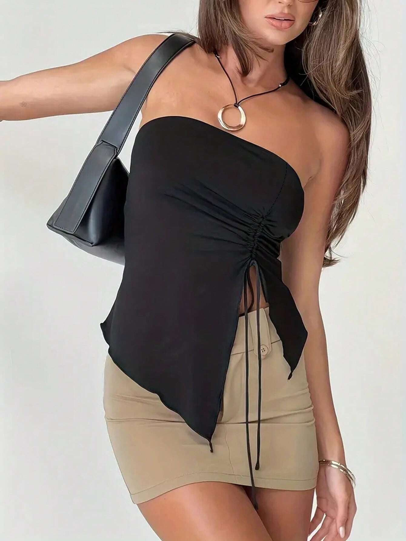 2025 new sexy hot girl drawstring pleated slit slim irregular tube top vest top