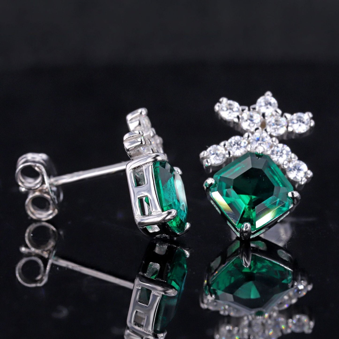 Regenerated emerald s925 silver earrings square synthetic emerald imitation growth grain silver plated K gold earrings