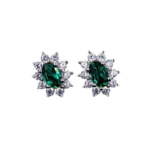 Regenerated emerald earrings with growth lines, laboratory-synthesized regenerated oval sterling silver S925 emerald earrings