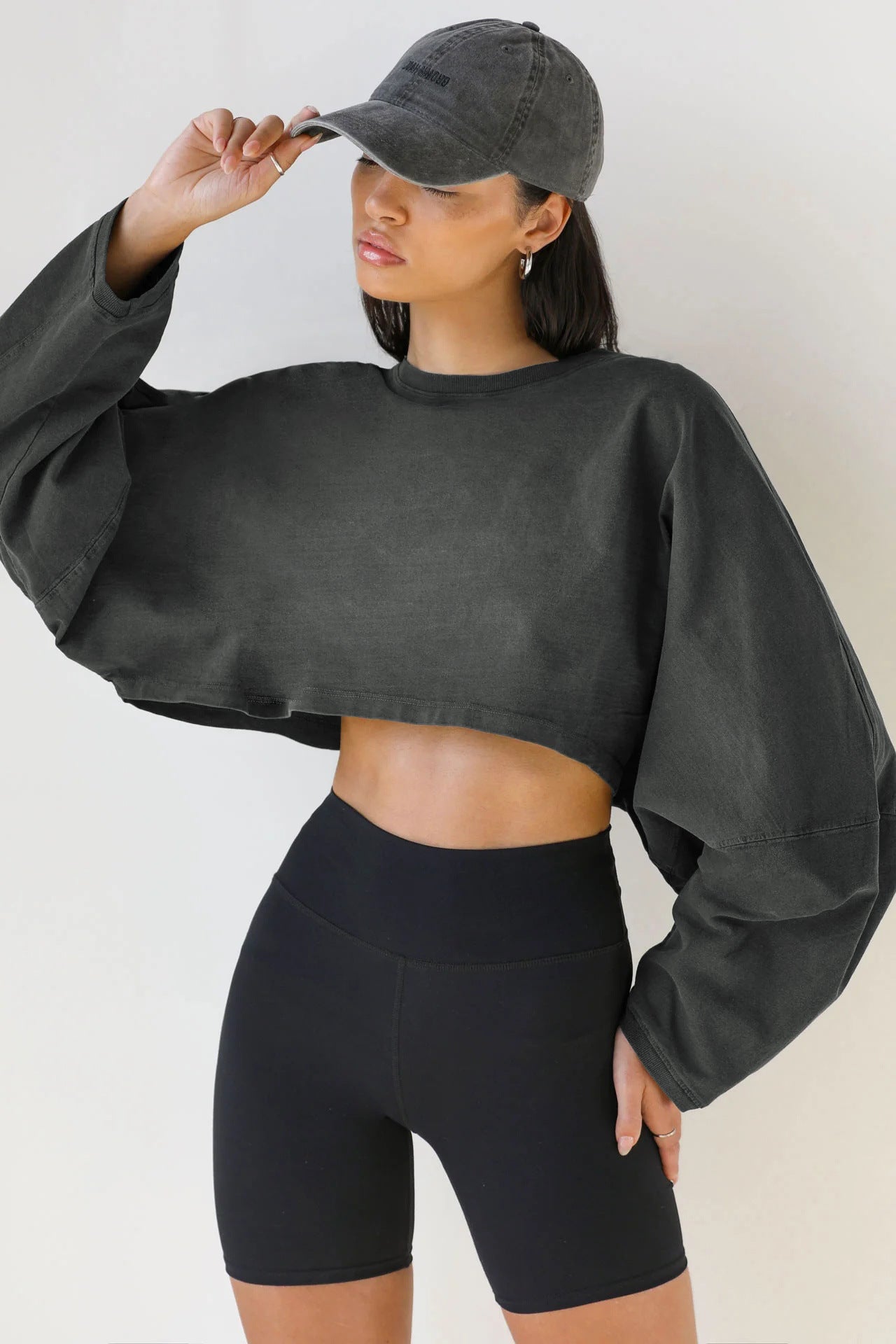 Navel-exposed round-neck sweatshirt European and American women's short sports bottoming shirt T-shirt sweater long-sleeved top