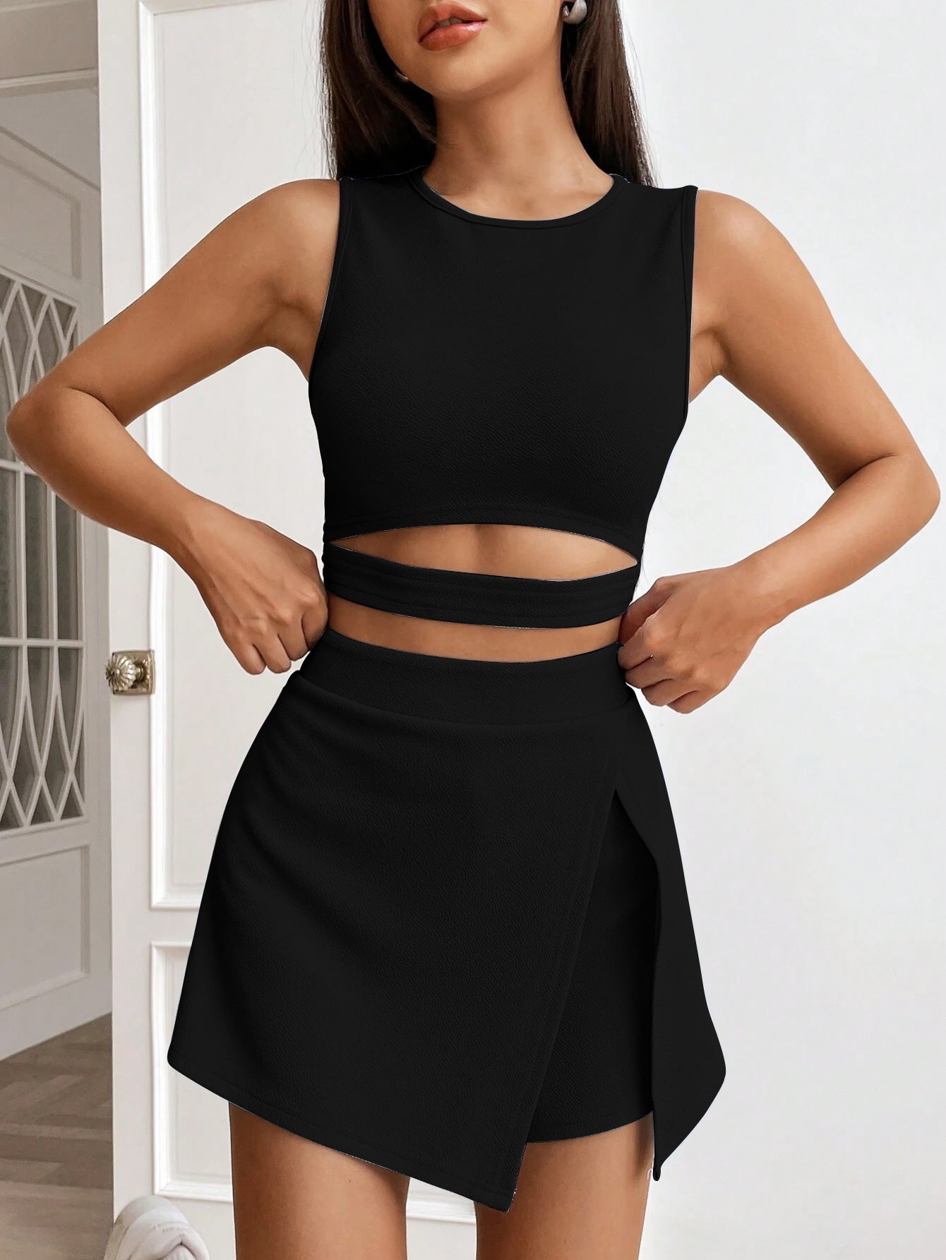 women's short navel-baring slim sleeveless knitted vest high waist elastic skirt pants fashion suit