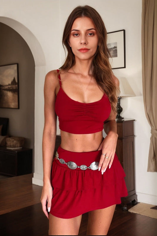 2025 women's spring and summer new bright red hot girl fashion suit top skirt two-piece set