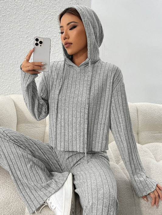 2025 women's simple hooded fashion suit autumn and winter home pure color lazy two-piece suit