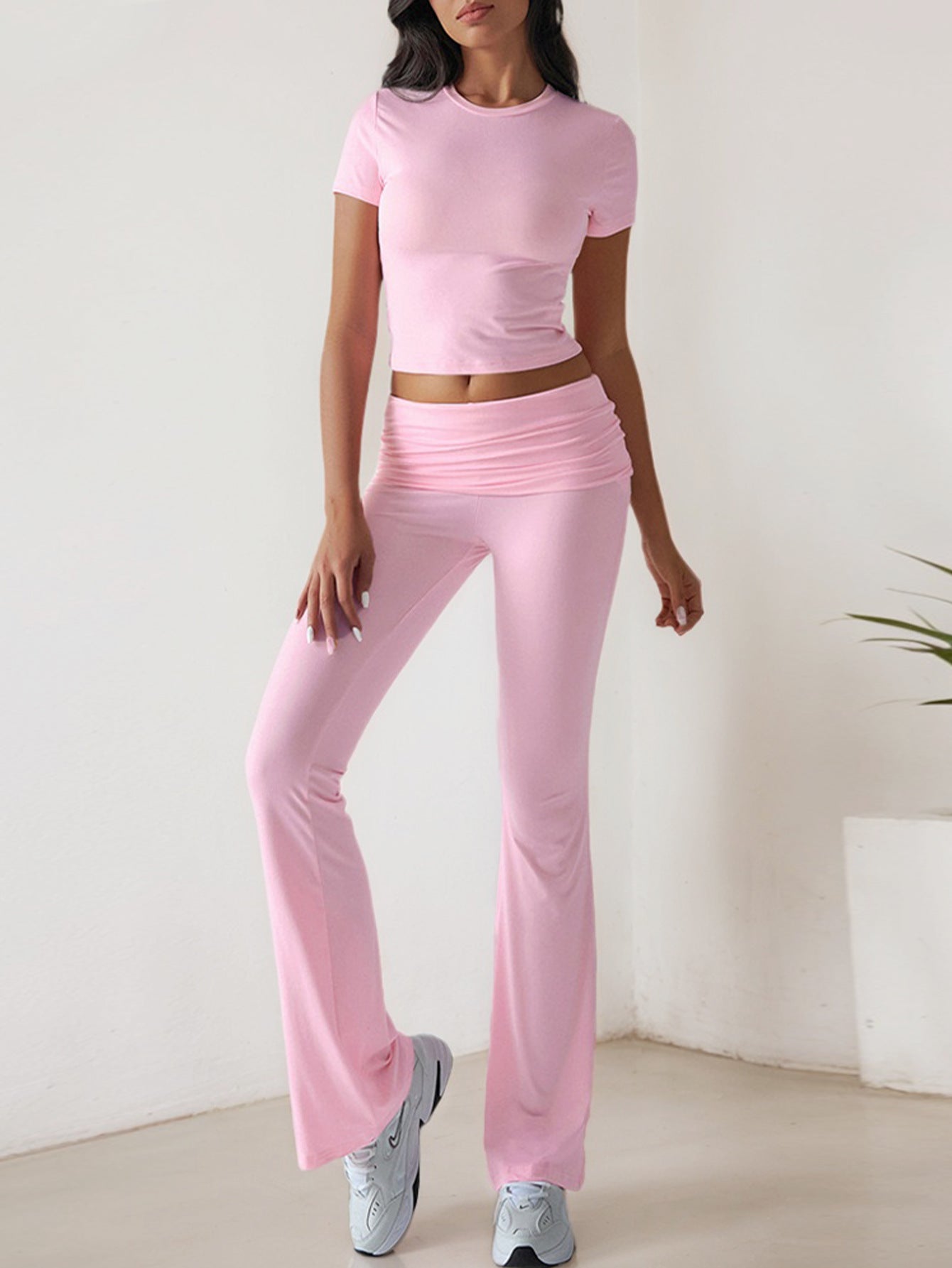 2025 Spring and Summer New Casual Fashion Suit Solid Color All-match Short Sleeve Long Pants Two-piece Set
