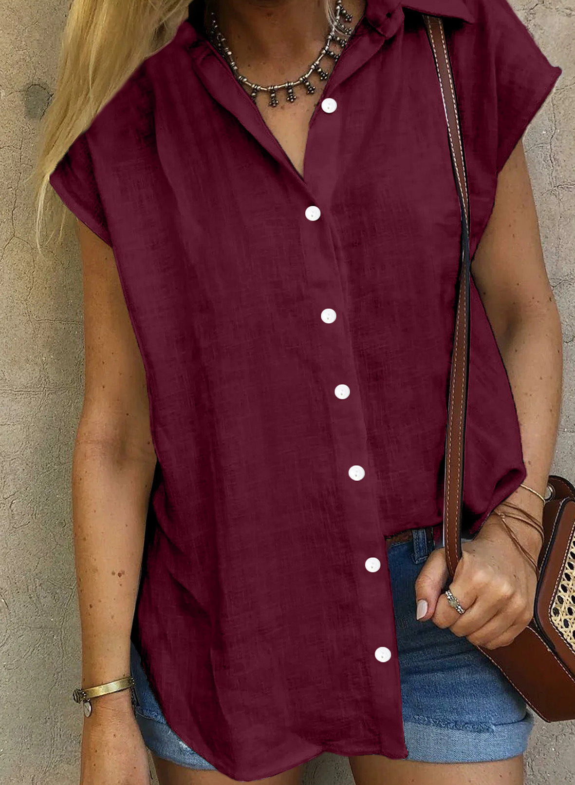Summer new solid color single-breasted lapel shirt sleeveless loose top