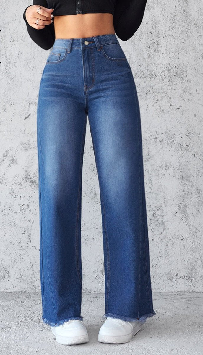Elegant non-stretch straight-leg wide-leg jeans