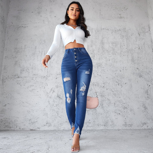 Spring slim blue buttoned skinny pants pencil pants