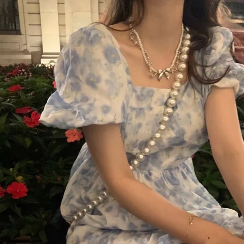 French style beach vacation floral mid-length dress