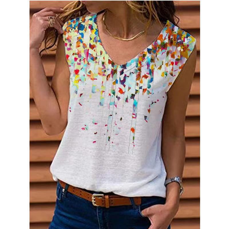 European and American women's sleeveless V-neck printed vest T-shirt