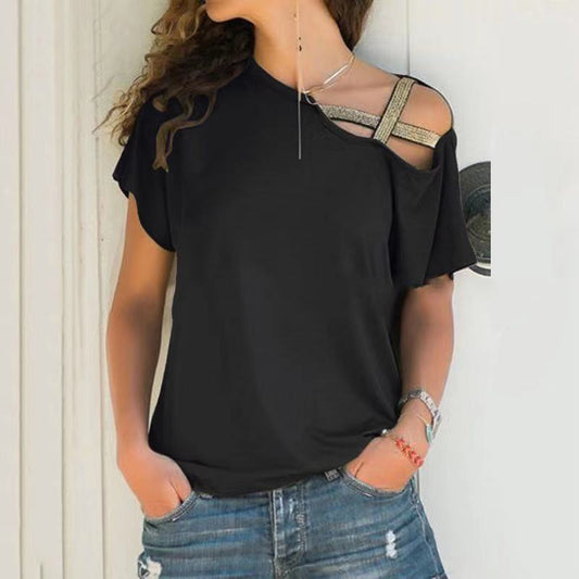 Casual oblique shoulder cross irregular short sleeve T-shirt for women