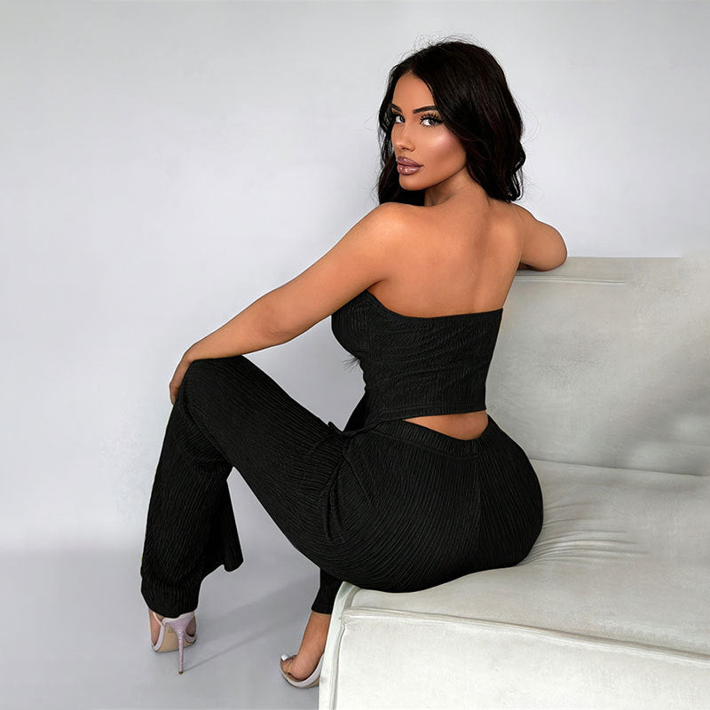 2025 new women's elastic button decorated tube top flared casual pants suit summer two-piece suit