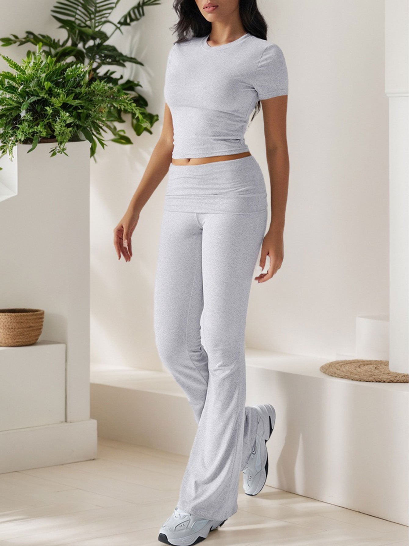 2025 Spring and Summer New Casual Fashion Suit Solid Color All-match Short Sleeve Long Pants Two-piece Set