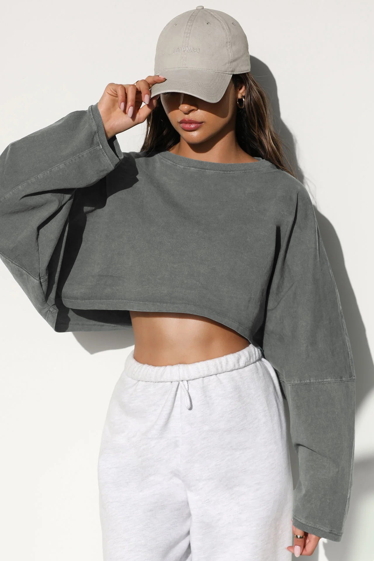 Navel-exposed round-neck sweatshirt European and American women's short sports bottoming shirt T-shirt sweater long-sleeved top