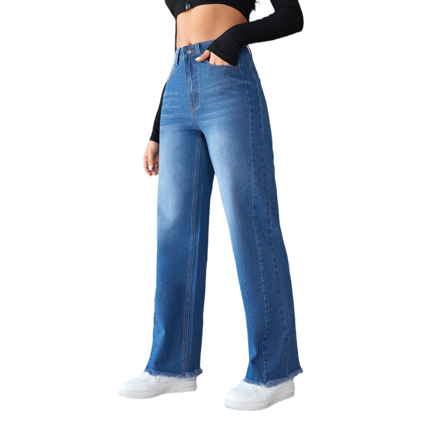 Elegant non-stretch straight-leg wide-leg jeans