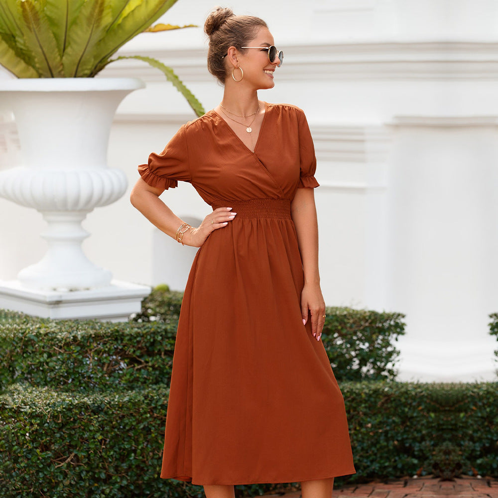 Elegant slim fit V-neck long waist dress