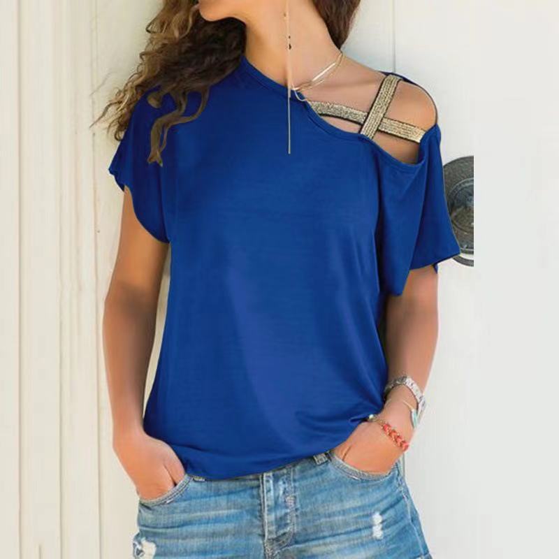 Casual oblique shoulder cross irregular short sleeve T-shirt for women