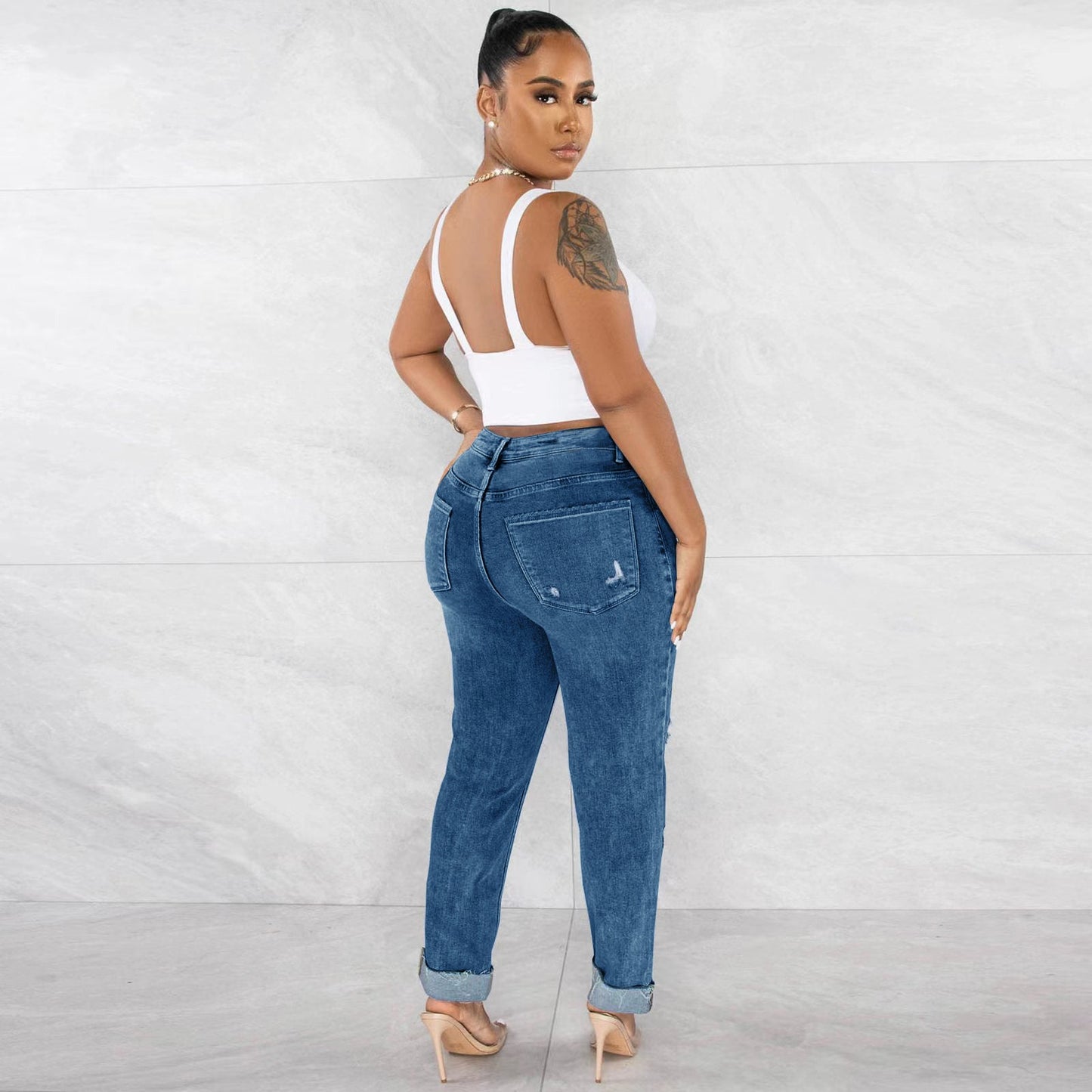 New style ripped high waist jeans for women slim fit skinny jeans