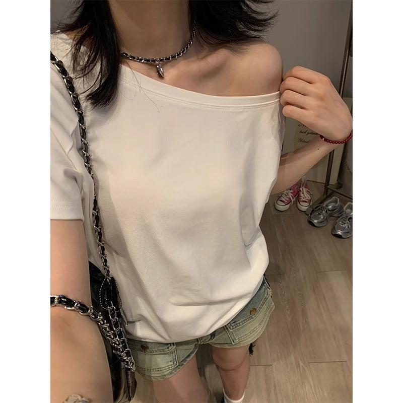 White solid color off-shoulder short-sleeved T-shirt