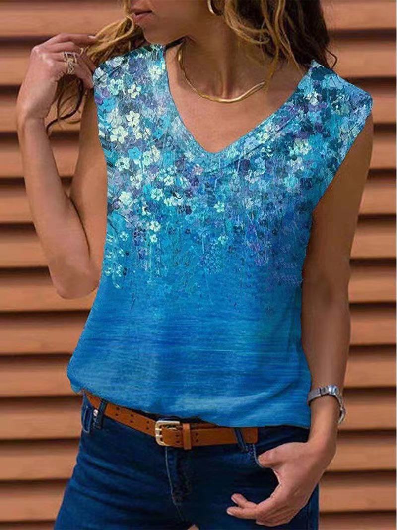 European and American women's sleeveless V-neck printed vest T-shirt