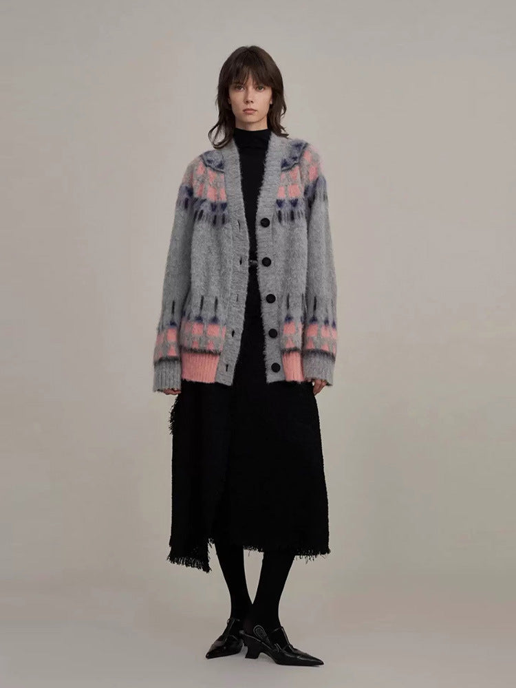 Autumn and winter simple temperament versatile silhouette Fair Isle knitted cardigan sweater tops for women