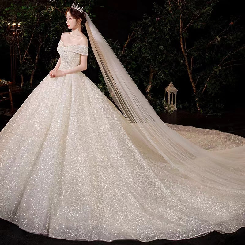 French light wedding dress 2024 new bride temperament elegant one shoulder slim slim long tail
