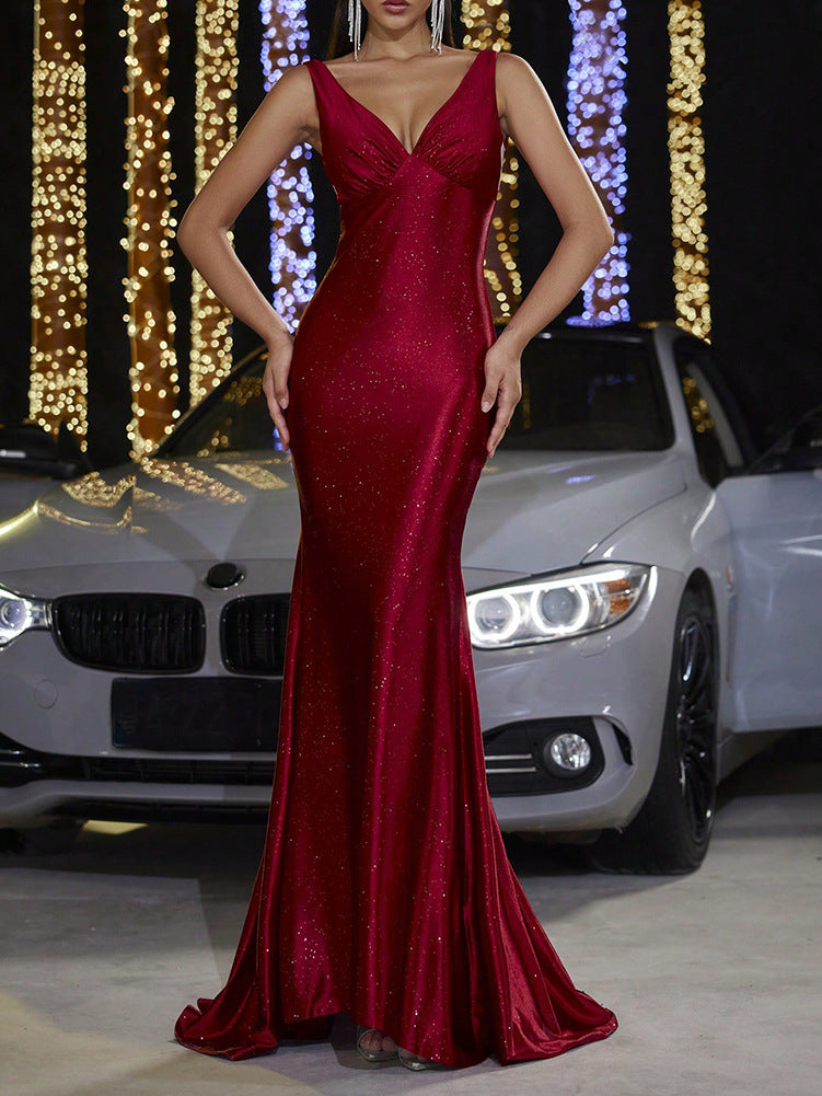 Elegant dress Deep V strap slim fit hip banquet floor-length mermaid dress