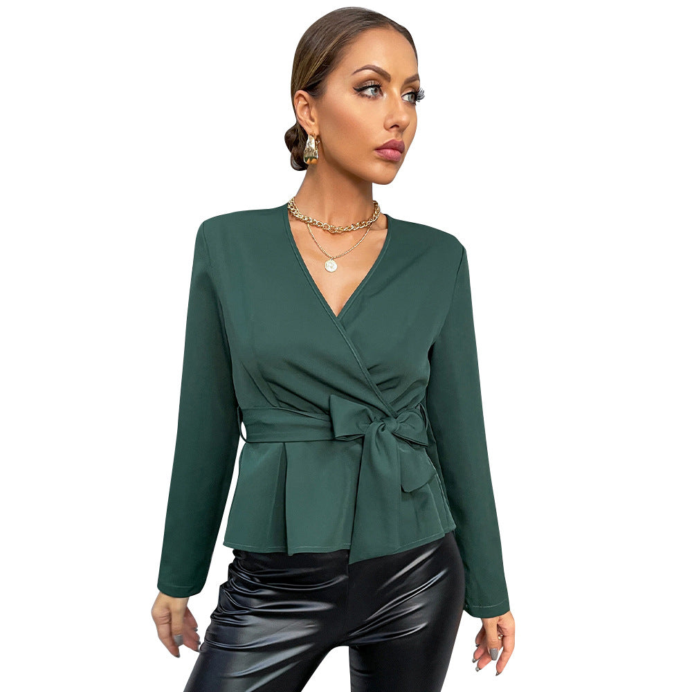 V-neck tie top long sleeve French lady design solid color