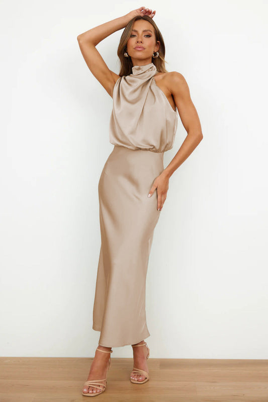 Hot sale new high-grade satin sleeveless dress European and American fashion elegant lady light evening dress