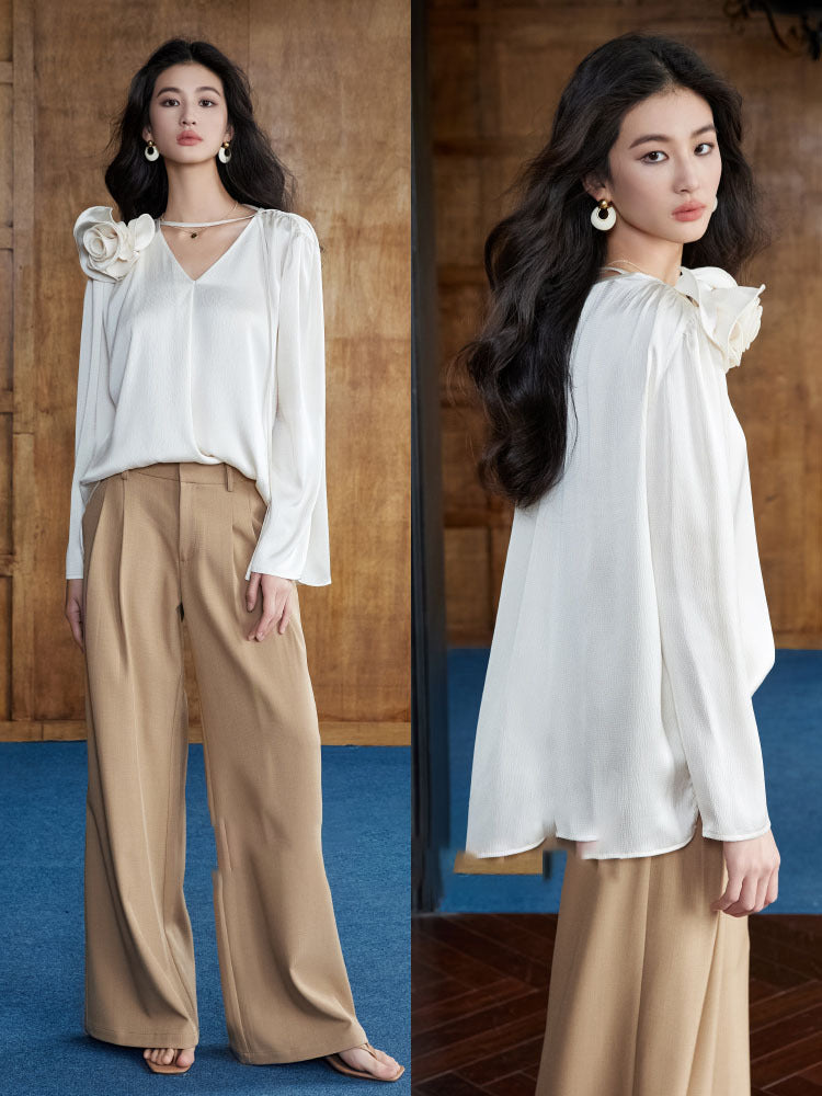 Glossy bubble texture satin removable handmade three-dimensional rose V-neck