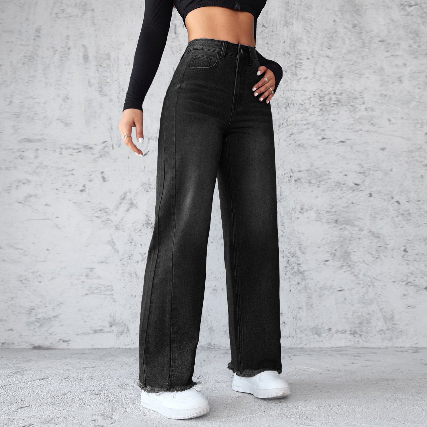 Elegant non-stretch straight-leg wide-leg jeans