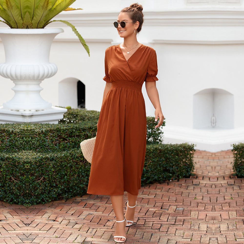 Elegant slim fit V-neck long waist dress