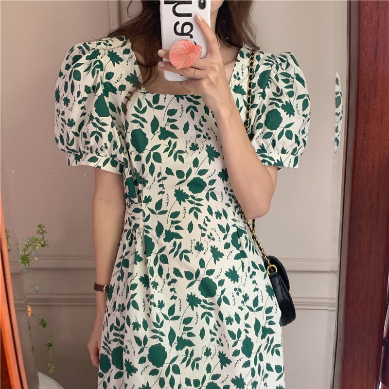 French style beach vacation floral mid-length dress