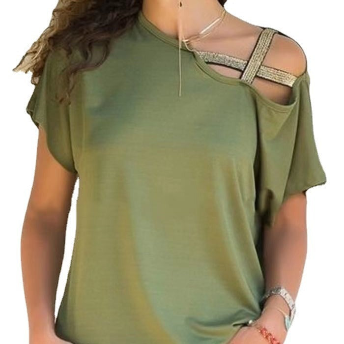 Casual oblique shoulder cross irregular short sleeve T-shirt for women