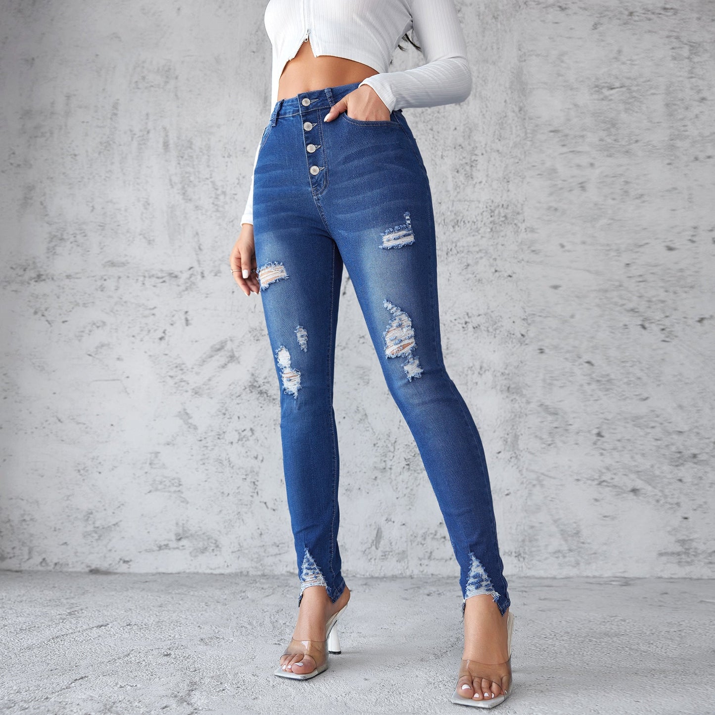 Spring slim blue buttoned skinny pants pencil pants