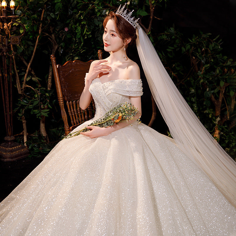 French light wedding dress 2024 new bride temperament elegant one shoulder slim slim long tail