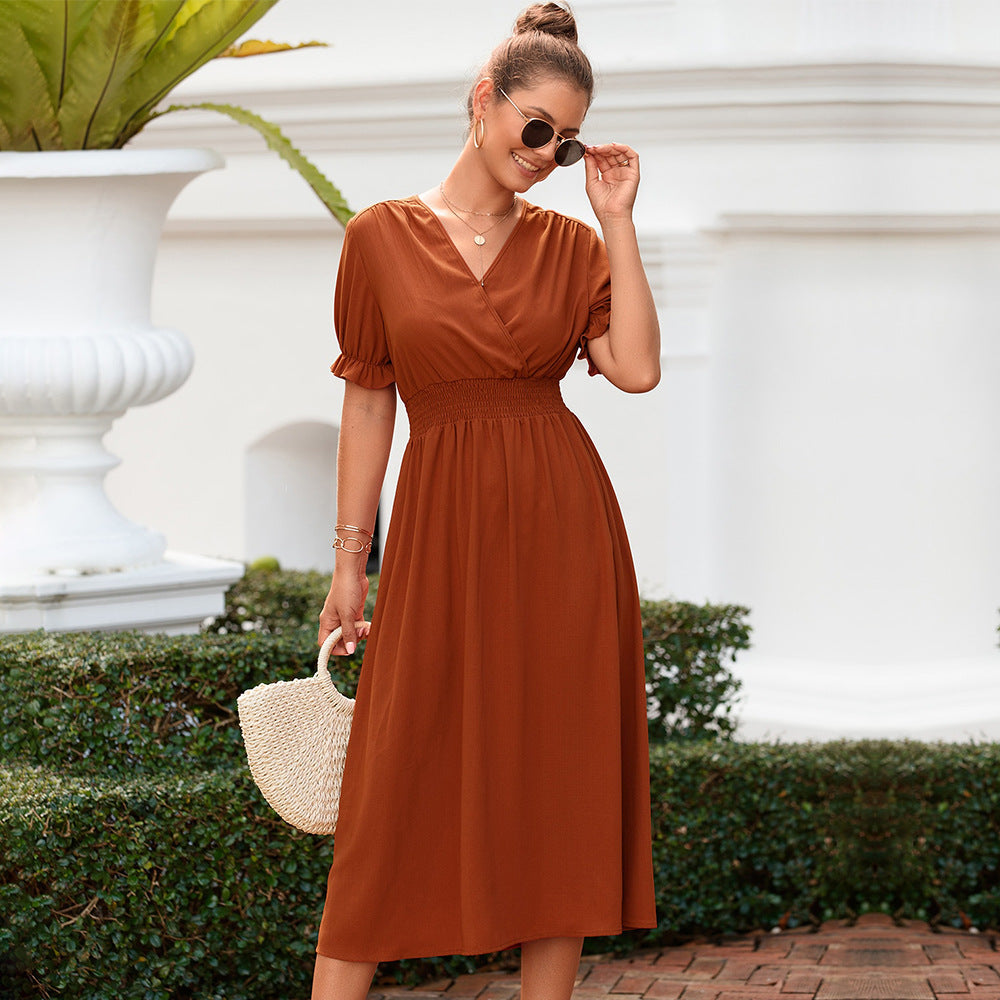 Elegant slim fit V-neck long waist dress