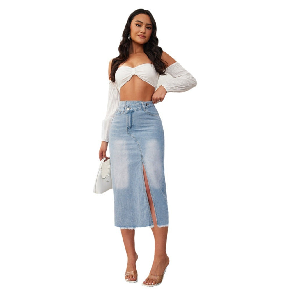 Midi-length raw edge front slit high waist denim skirt