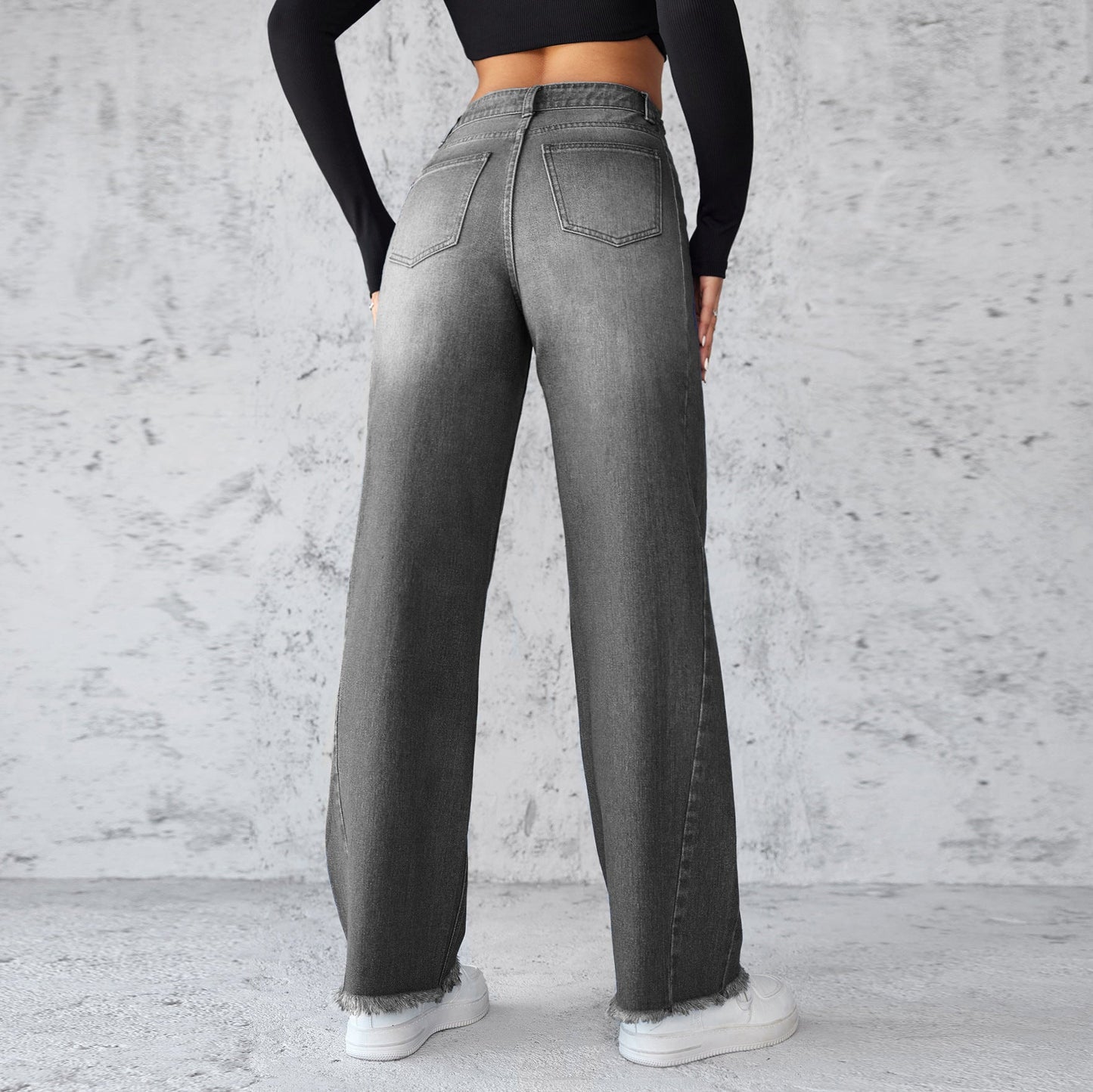 Elegant non-stretch straight-leg wide-leg jeans