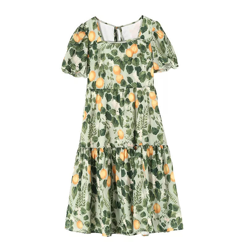 New French Gentle Style Skirt High Waist Fitting Floral Puff Sleeve Skirt