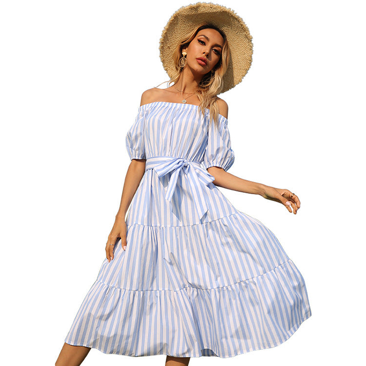 New fashion sexy striped off-shoulder sweet style belt elastic sleeve knee-length dress