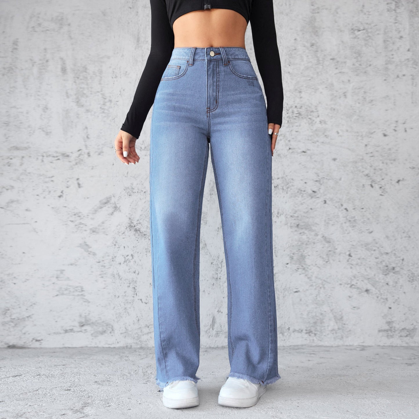 Elegant non-stretch straight-leg wide-leg jeans