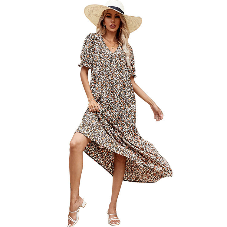 Summer new high waist pullover sweet sexy V-neck slim floral dress