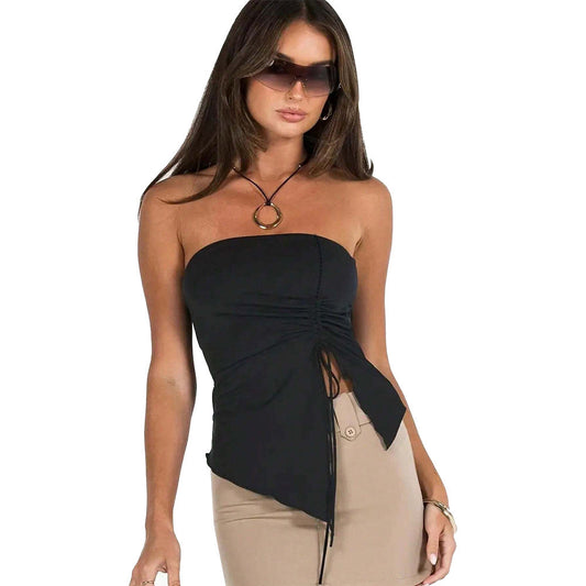 2025 new sexy hot girl drawstring pleated slit slim irregular tube top vest top